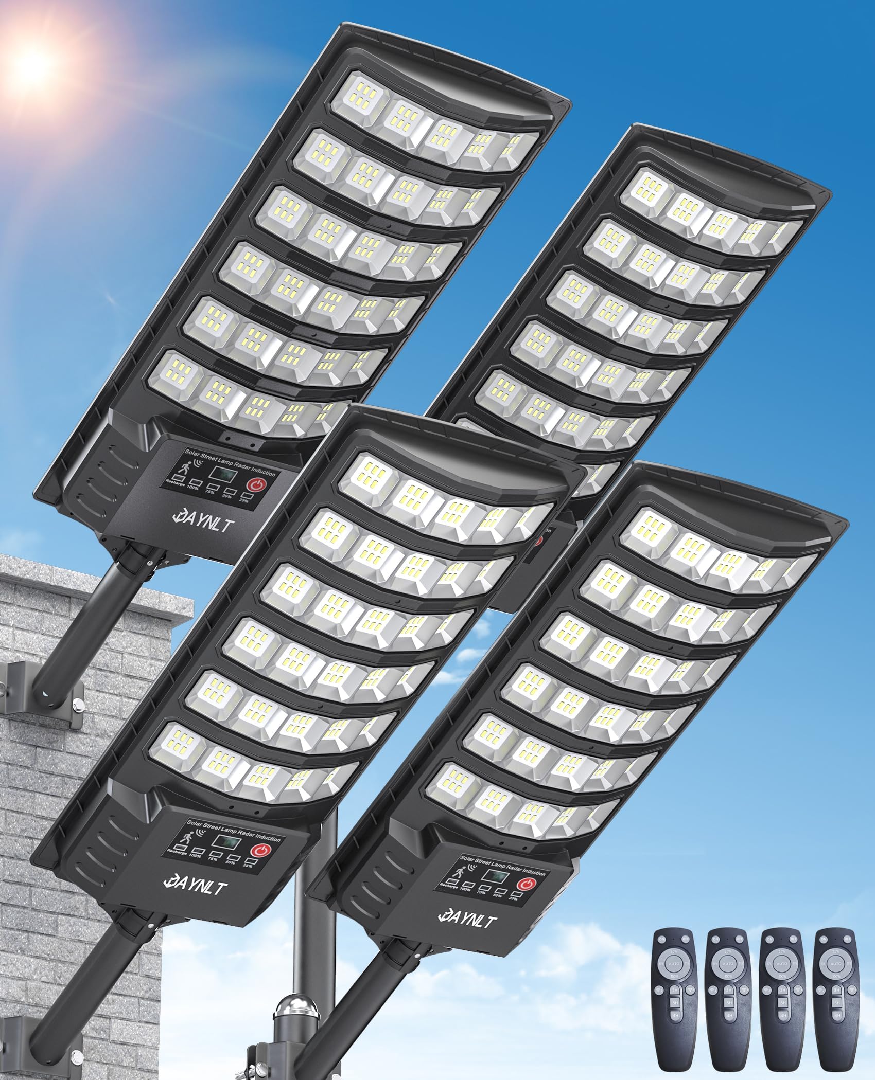 Photo 1 of JAYNLT Solar Street Light, 7000K Dusk to Dawn Solar Security Floodlight with Motion Sensor, No Wiring Required, Easy to Install, Suitable for Outdoor Lighting in Parking Lots, Yards, Farms - 4 Pack