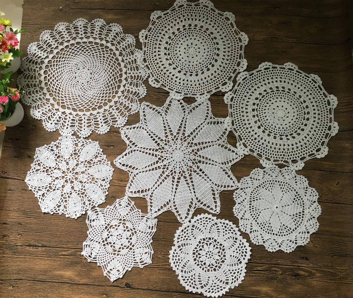 MINDPLUS Set of 8 Hand Crochet Doilies Cotton Crocheted Lace Doilies Table Placemat 9-16 Inches Round White Vintage Wedding Tea Party