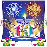 Turypaty 60th Birthday Cards Pop Up 3D Cake - Firework & Music & Blow Out Candle Light Funny Happy 60th Blue Colorful Birthday Card Gifts Party Decor for Men, Women, Friends, Dad, Mom, Husband, Wife