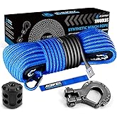 Synthetic Winch Rope Kit, 1/4" x 50ft 10000LBS Blue Winch Cable with Protective Sleeve, Forged Winch Hook, Rubber Stopper and Safety Pull Strap for ATV UTV