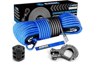AXSIPEIX Synthetic Winch Rope Kit, 1/4" x 50ft 10000LBS Blue Winch Cable with Protective Sleeve, Forged Winch Hook, Rubber Stopper and Safety Pull Strap for ATV UTV