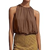 MISSACTIVER Halter Crop Bubble Top for Women Crew Neck Sleeveless Racerback Solid Color Puffy Hem Cropped Tank Shirt