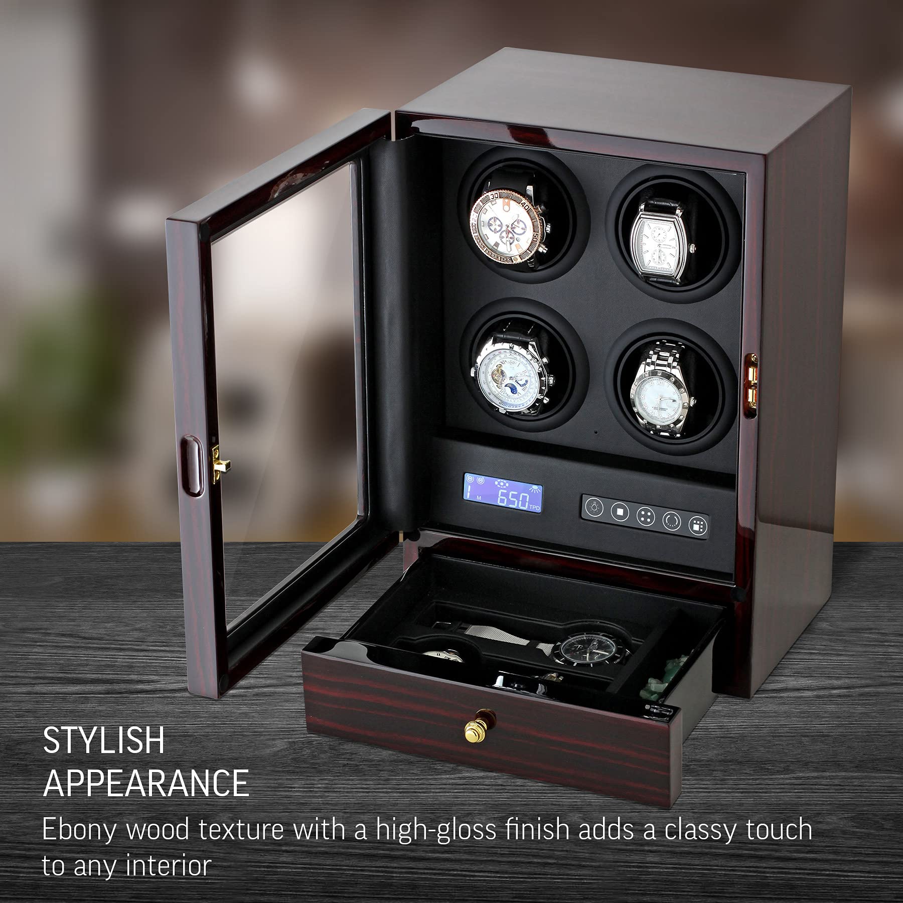 4 Watch Winder with LED Backlight, 2 Watches and Jewelry Storage Drawer, LCD Display and Remote Control