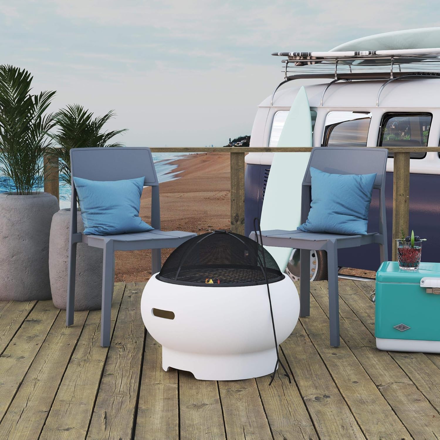 Novogratz 87830WHT1E Poolside Collection, Asher 22" Wood Burning Grilling Surface, Bright White Fire Pit: Garden & Outdoor