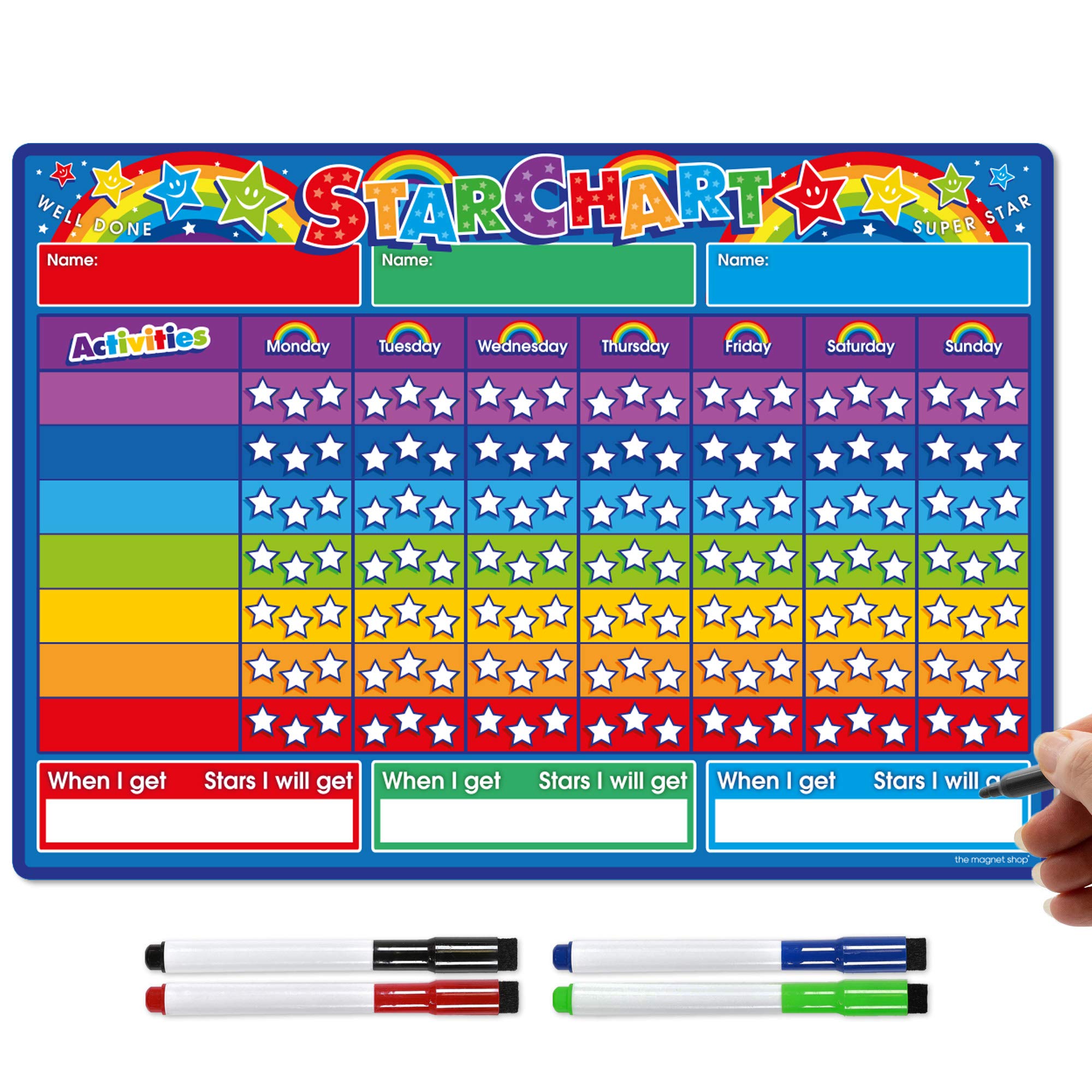 The Magnet Shop Reward Chart for Children - Magnetic Star Chart for Recognising and Inspiring Good Behaviour in Toddlers and Kids, Boys and Girls. with 4 Magnetic Coloured Dry Wipe Pens (Rainbow)