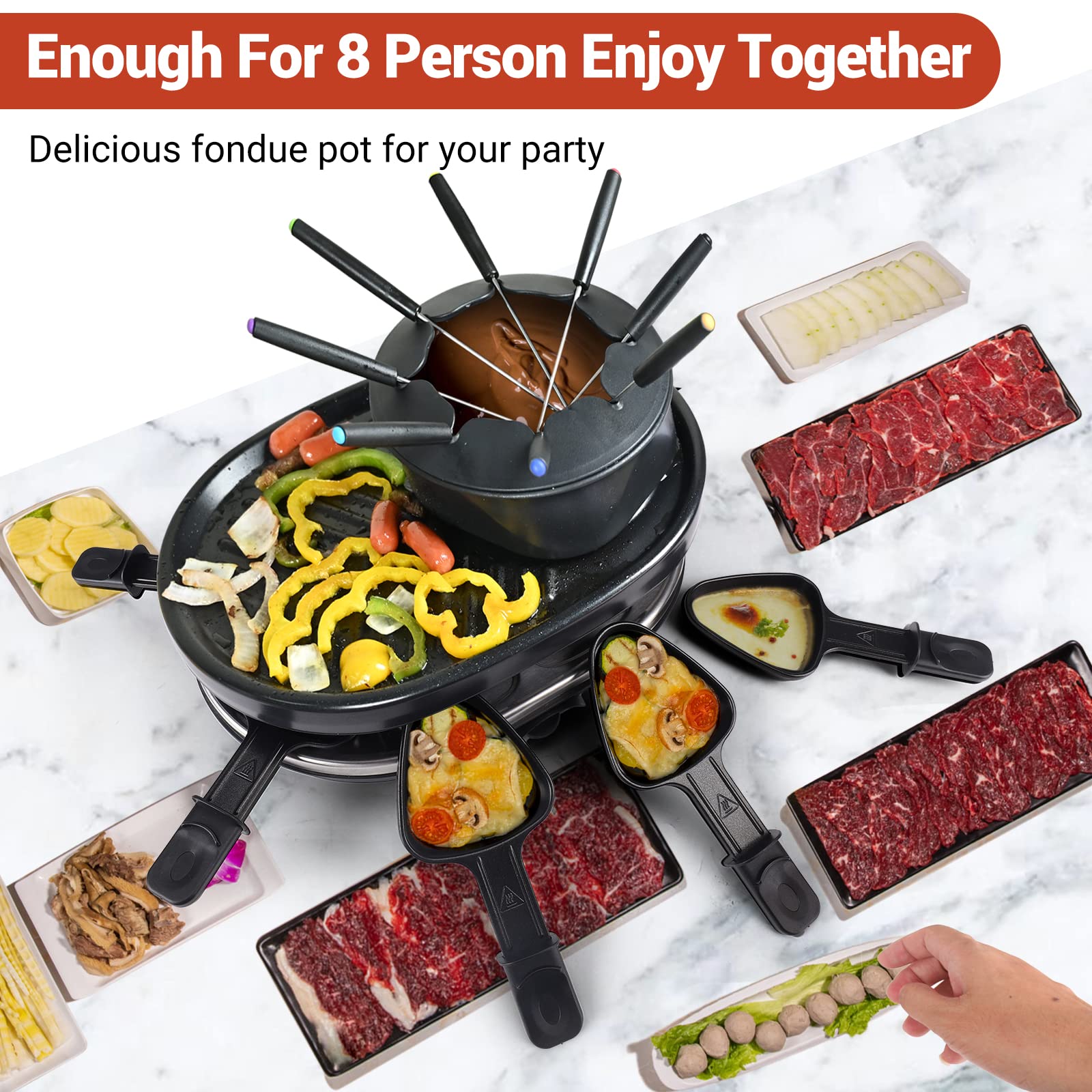 CosCosX Fondue Pot Set, Electric Fondue Pot Sets with BBQ Grill, Portable Korean BBQ Grill with Raclette Grill Plate, 8 Fondue Forks, 8 Small Nonstick Pans Temperature Control for 8 People Parties
