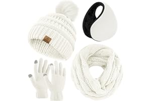 URATOT 4-In-1 Winter Warm Sets Knitted Scarf Touch Screen Gloves Beanie Pompom Hat and Winter Ear Warmer for Men or Women