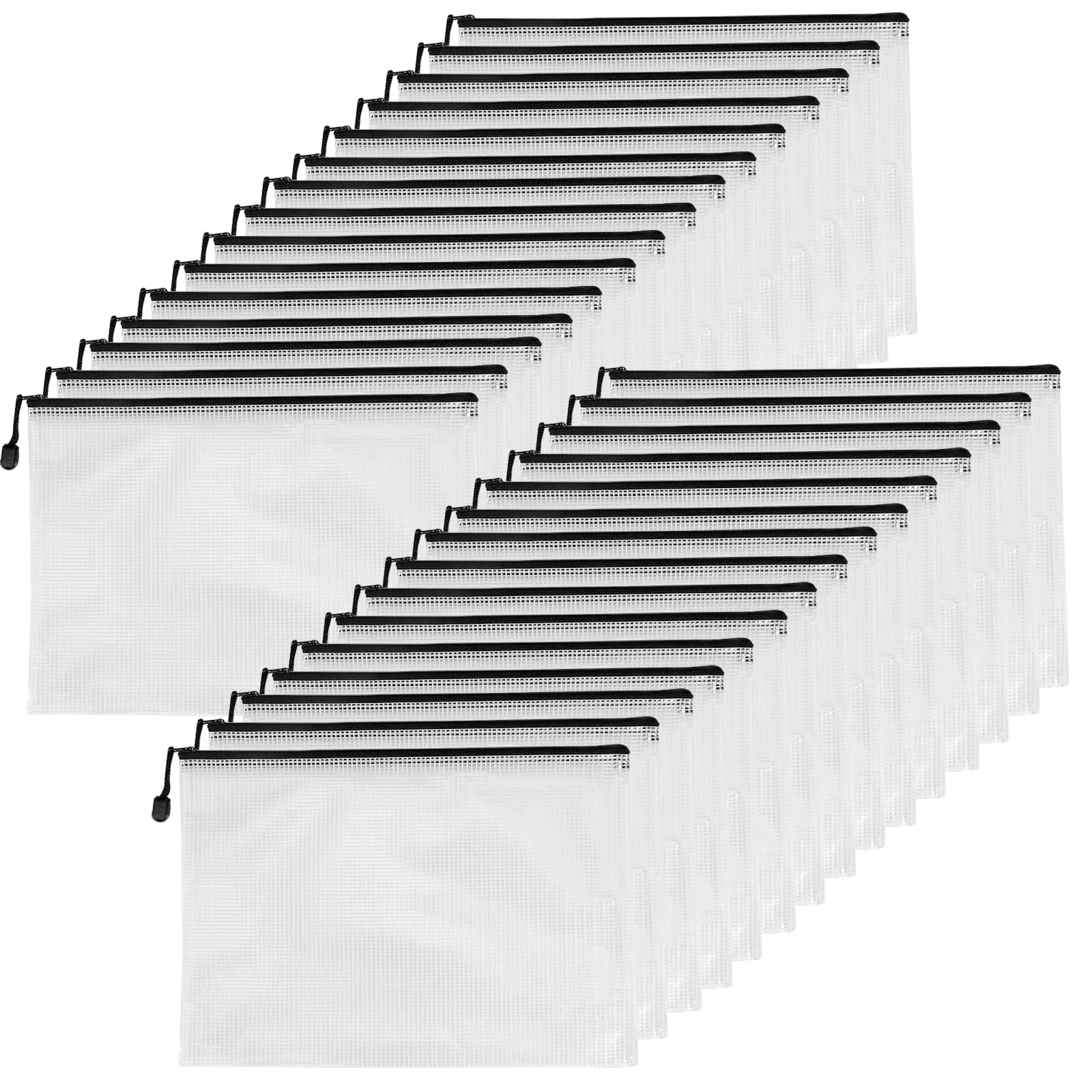 MANCHAP 30 Pack A4 Plastic Zip Wallets Folders, Mesh Zip Pouch Document Bag, A4 Zipper File Bags Plastic File Wallet for Office, Travel, Black Border, 33x23cm