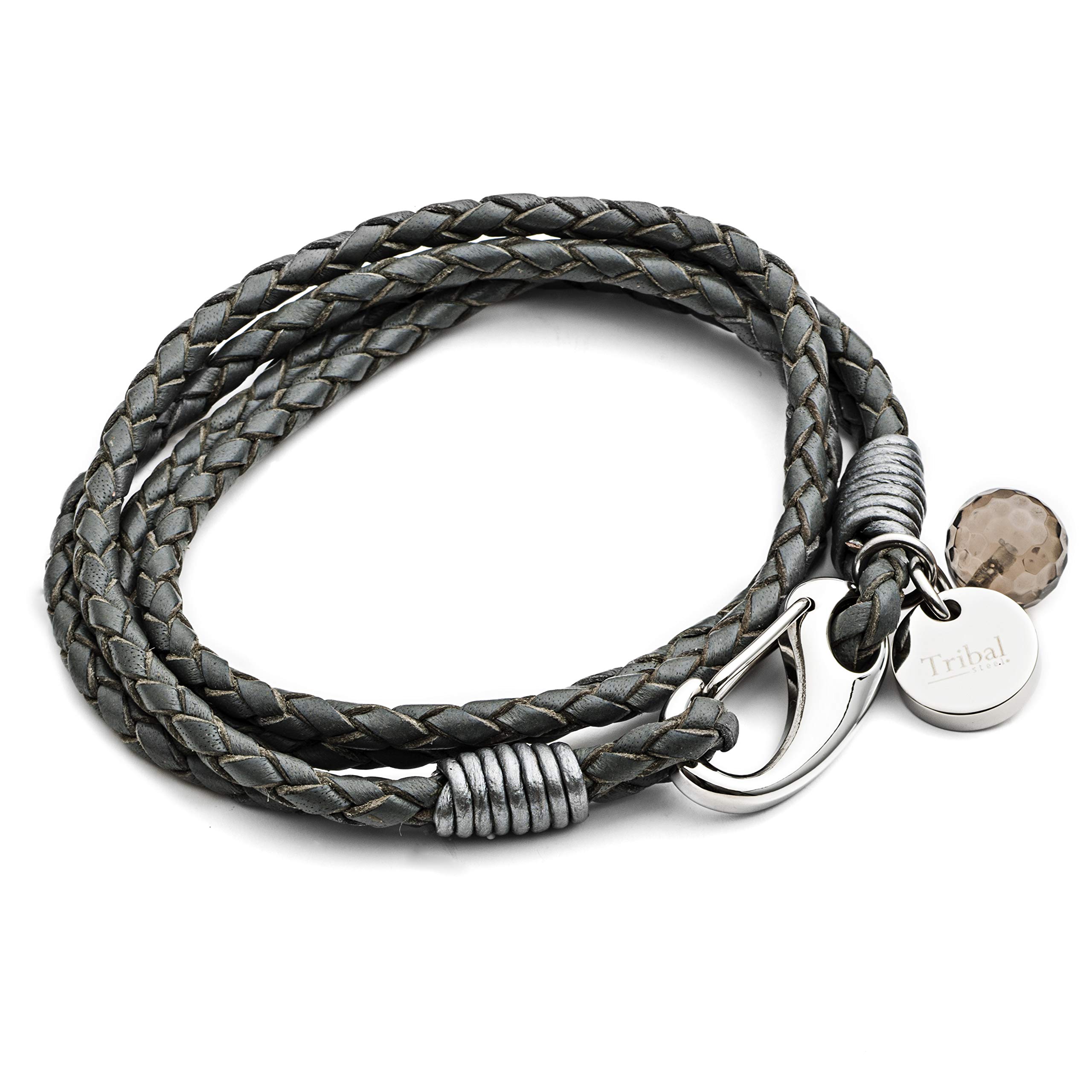 Tribal Steel Grey Leather Bracelet for Women - Ladies 20cm Charm Bracelet with a Crystal Charm, Stainless Steel Clasp โ image 1