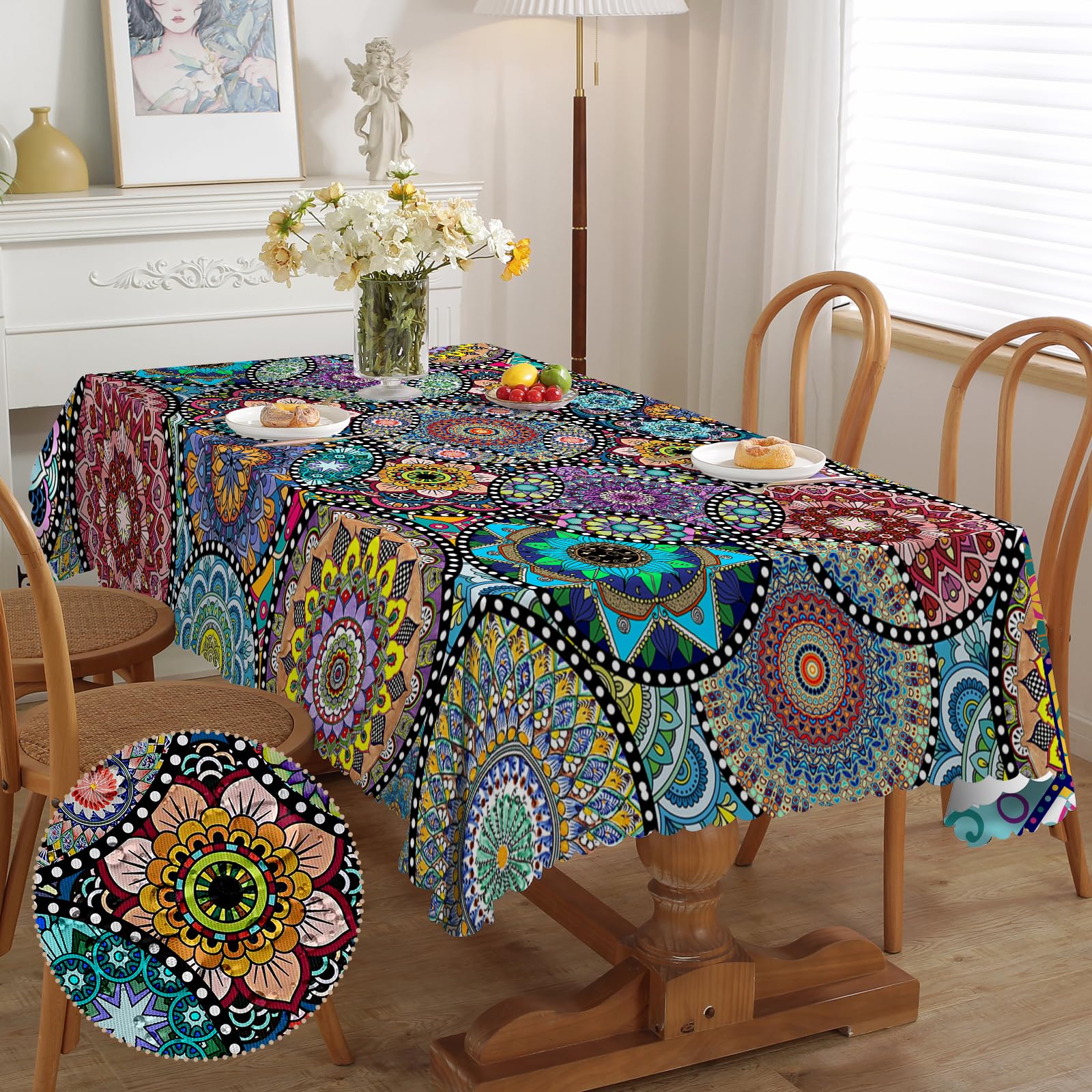 iEvery Boho Wipeable Tablecloth Rectangular, Mandala Polyester Waterproof Table Cloth Wipe Clean Outdoor Tablecloth for Home Dinning Kitchen Garden Party Picnic Patio 110x140 cm — image 1