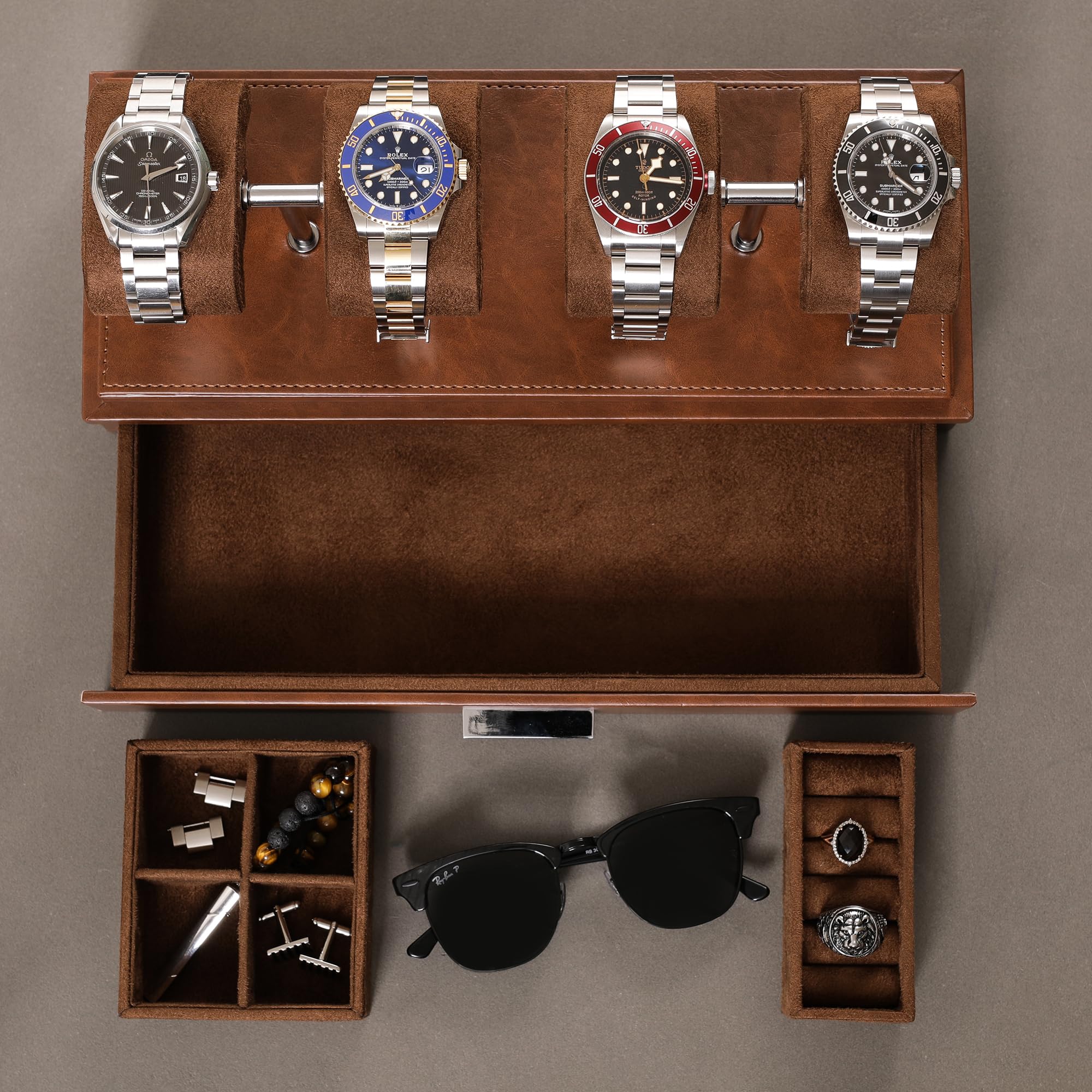 ROTHWELL Luxury Watch Display Case for 4 Watches – Leather Watch Box with Acrylic Cover and Removable Slide in Cushions – Accessory Drawer with Multiple Configurations (Tan/Brown)