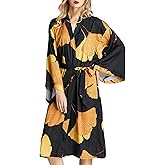 EORUBE Women's Kimono Robe Long Ginkgo Leaf Printed Satin Robe Bride Bridesmaid Dressing Gown