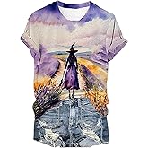 Halloween Shirts for Women Witches Gather Party Tshirt Halloween Witches Graphic Tees Witches Full Moon Art Print Shirt