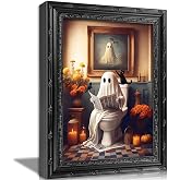 Devunaty Vintage Halloween Ghost on Toilet Reading Book Black Framed Canvas Wall Art Dark Academia Bathroom Decor with Black Cat, Funny Gothic Ghost Print for Fall Halloween Bathroom Art 9x11 Inch