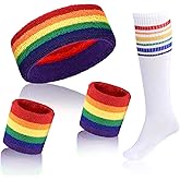 Skylety 5 Pcs Striped Sweatband Sock Set Wrist Sweatband Headband High Striped Headband for Men Women Sports 80s Party(Rainbow Color)