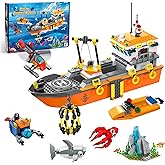 AKWME City Ocean Explorer Ship Building Set, Exploration Boat Set Toy Building Block with LED Lights, Helicopter, Submarine and Shark Cage, Birthday Gifts for 6 8 10 12 Years Old Boys Kids Girls