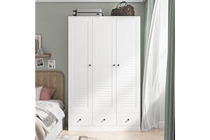 Hitow Wardrobe Armoire with 3 Louvered Doors, Wardrobe Cabinet for Hanging Clothes with 3 Drawers, Bedroom Armoire Closet Wardrobe Clothes Organizer, White (44.3" W x 19" D x 70.9" H)