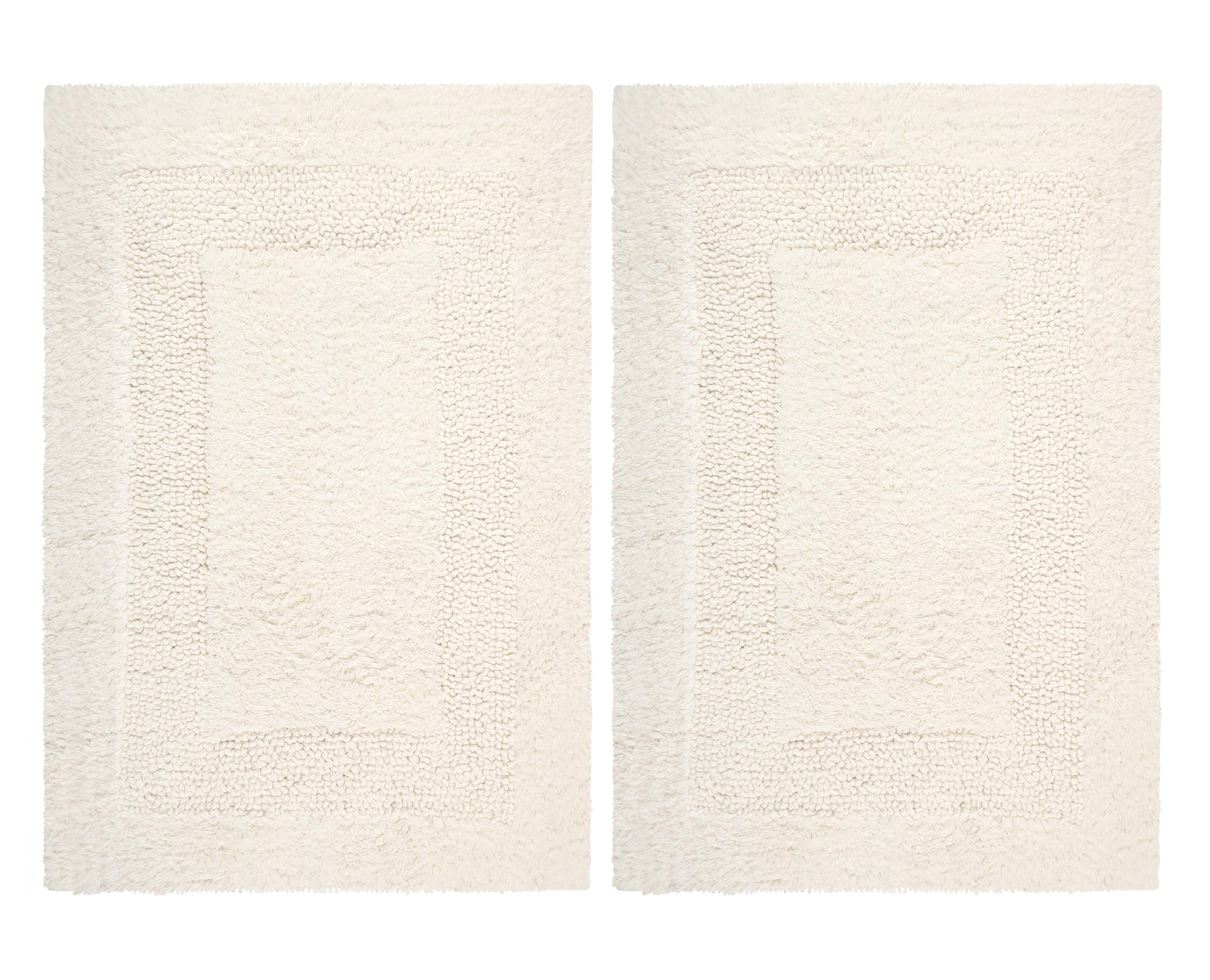 COTTON CRAFT Luxurious Bath Mat Rug - Set of 2 Reversible Heavyweight Step Out Bath Mats for Bathroom Floor, Tub and Shower - Pure Cotton Soft Plush Absorbent Tufted Racetrack Mat - 17 x 24 in - Ivory