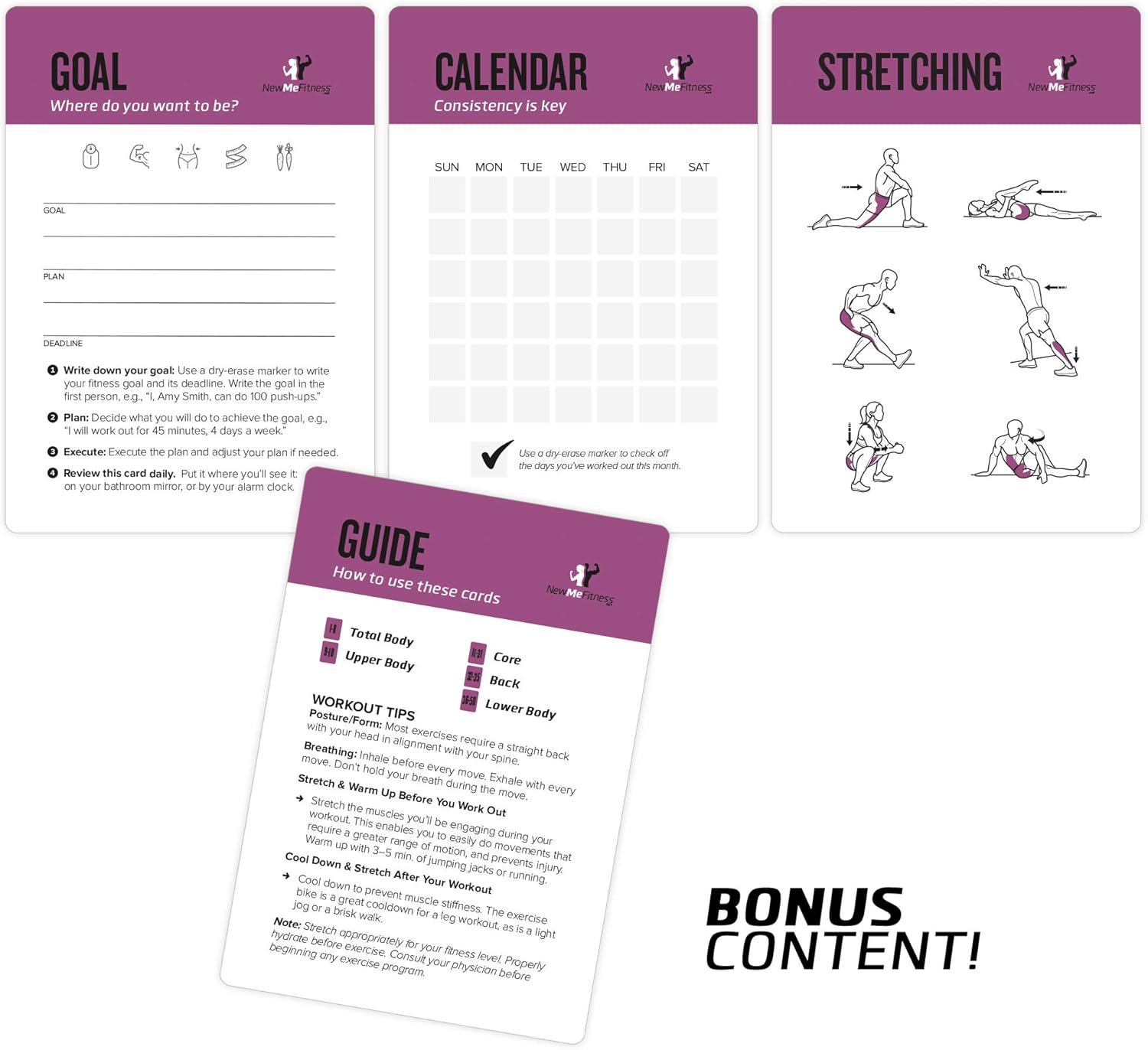 Pilates Exercise Cards, Set of 62 for Women and Men - for Home, Gym or Studio : 50 Mat Exercises, 12 Stretches, 6 Total Workout Routines for Beginner to Advanced : X Large, Waterproof & Durable : Sports & Outdoors