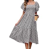 Summer Casual Floral Dresses for Women Beach Vacation Midi Sundresses Short Sleeve Square Neck Boho Flowy Smocked Dress