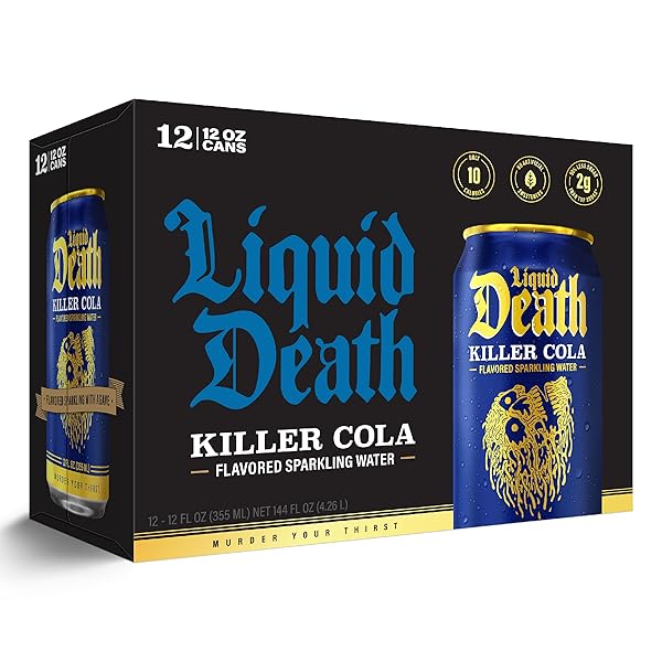 LIQUID DEATH SODA-FLAVORED SPARKLING WATER – KILLER COLA, LESS SUGAR*, HUGE FLAVOR, NO CAFFEINE, NO ARTIFICIAL SWEETENERS, 12 FL OZ (PACK OF 12)