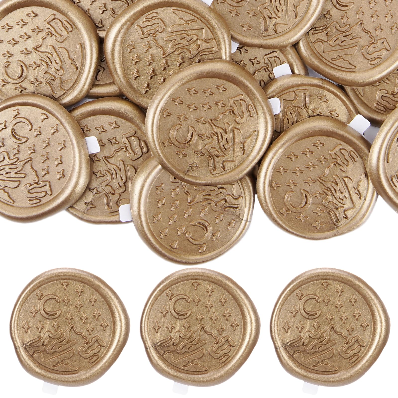 Photo 1 of Antique Gold Wax Seal Stickers - 50 Pcs Embossed Moon and Star Wax Seal Stickers for Wedding Invitation Envelopes, Vintage Golden Self-Adhesive Sealing Sticker for Birthday Party Gift Wrapping