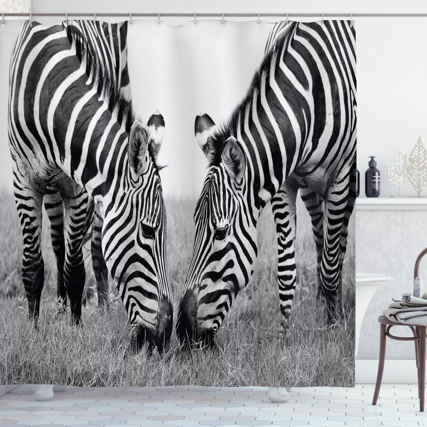 ABAKUHAUS Animal Shower Curtain, Zebras on Grassy Meadow Wildlife Themed National Park Scene Monochrome Picture, Cloth Fabric Bathroom Decor Set with Hooks, 94" Inches, Black White