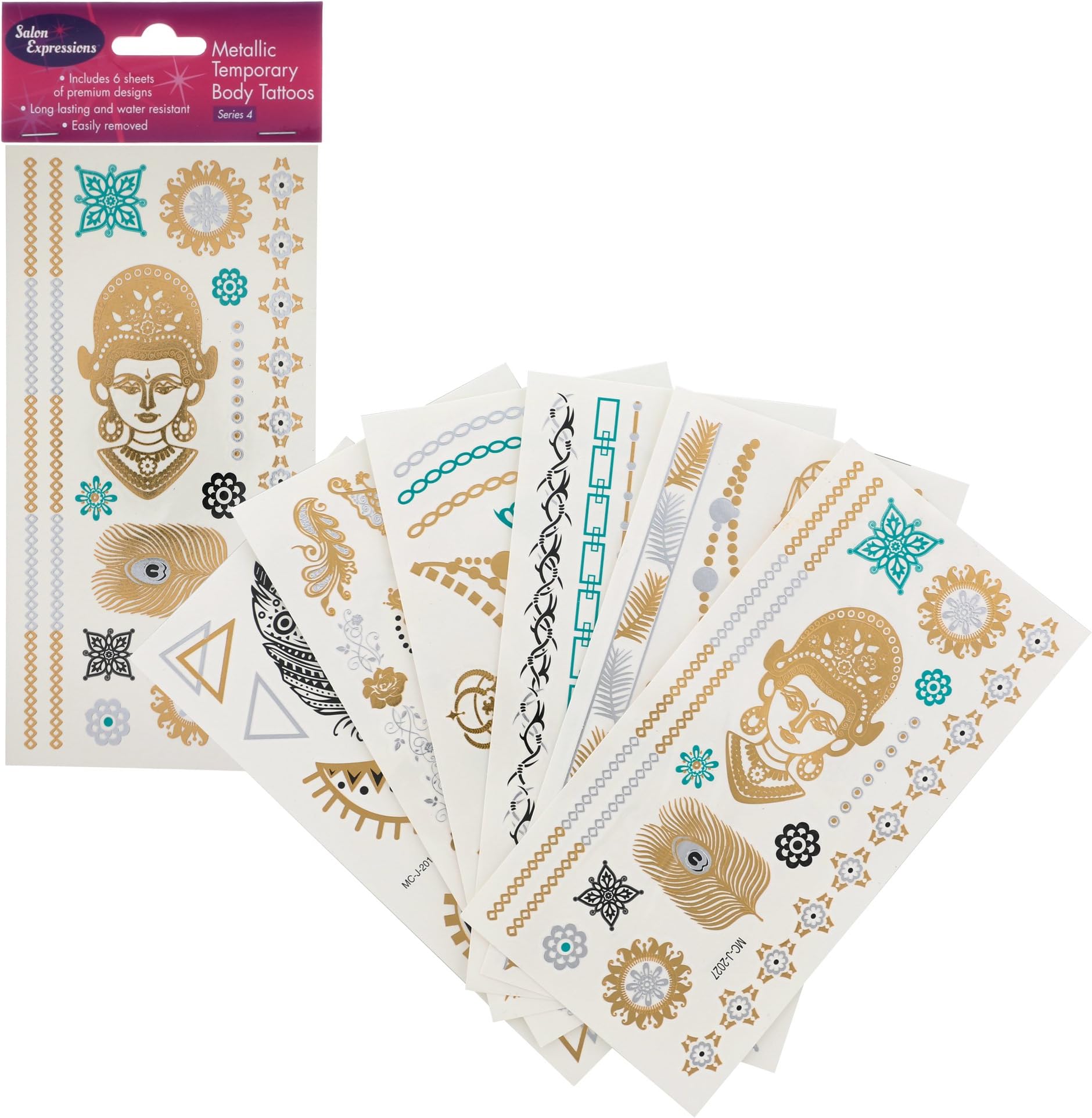 Metallic Temporary Tattoos- Six Sheets of Gold and Silver Long Lasting Fashion Designs (Series 4)