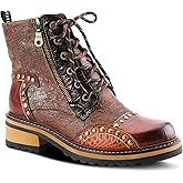 L'Artiste Rugup Leather Combination Booties for Women | Low Heel Ankle Boots for Women with Lace Up and Zipper Closure and Faux Fur Lining