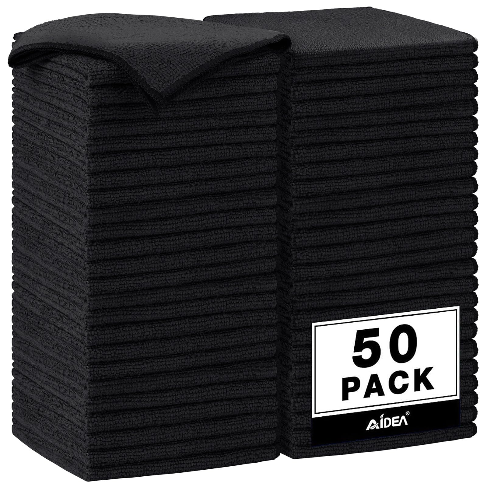 AIDEA Microfiber Cleaning Cloth Black 50PK, Cleaning Rags 12×12"