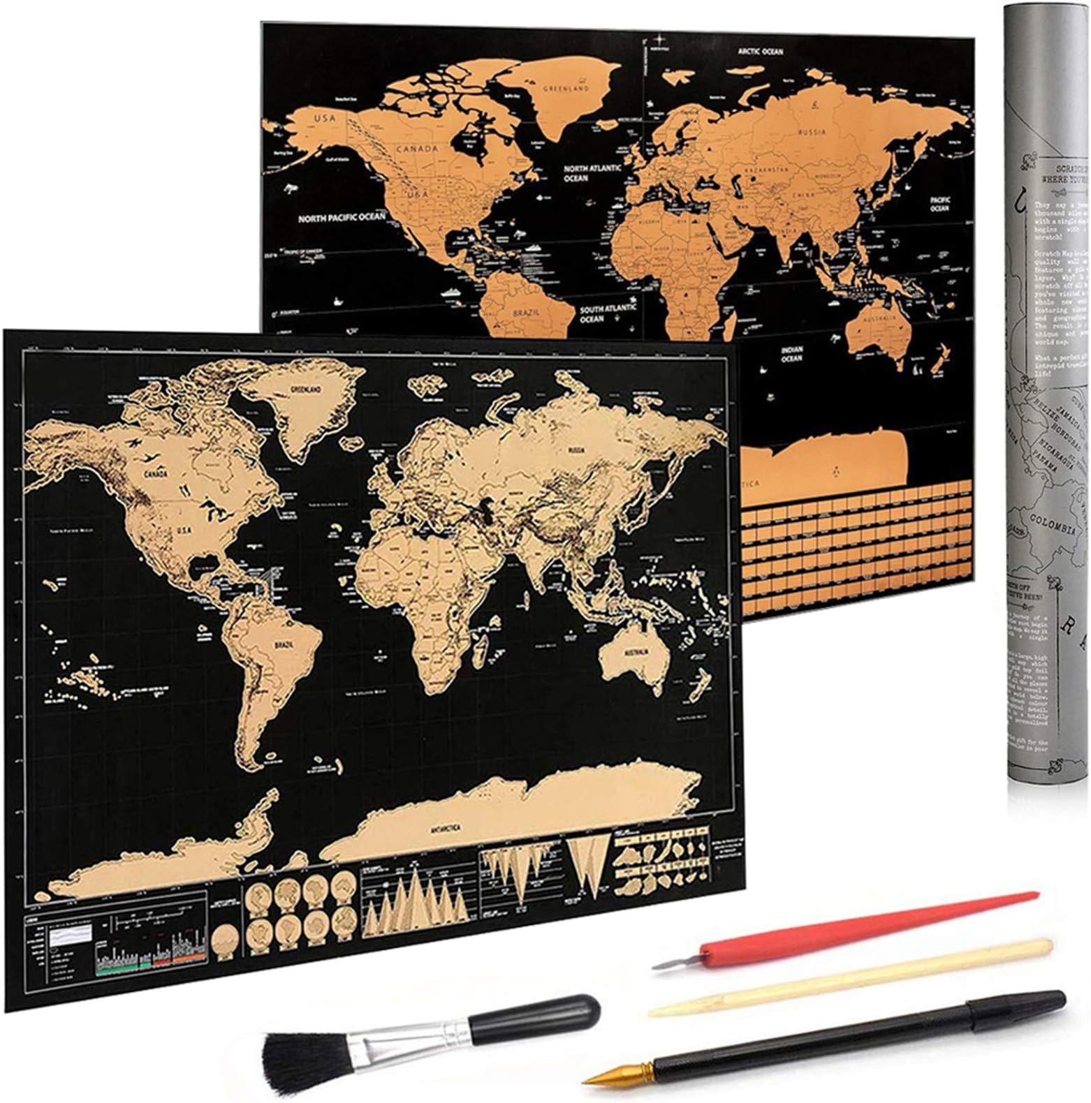 Scratch off Map, KY-Tech Scratch off World Map Poster Travel Size Scratch World Map Poster Perfect Gift for Travelers (2pcs Map)