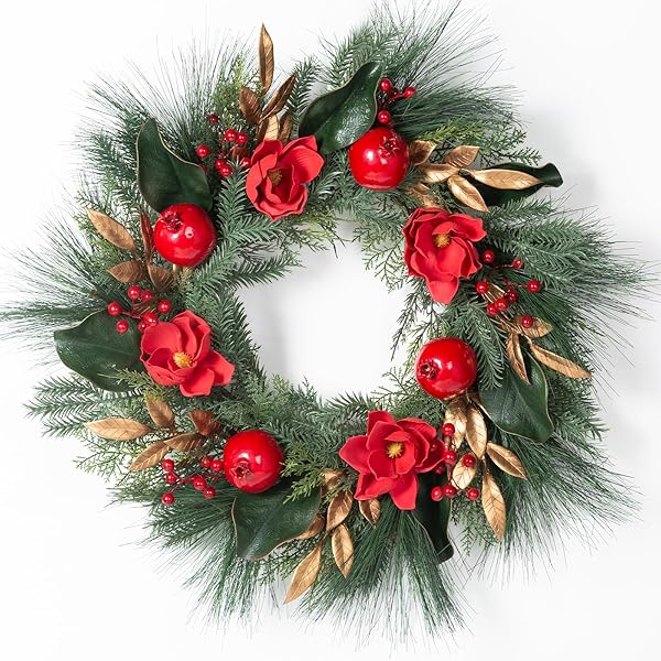 26″ CHRISTMAS WREATH FOR FRONT DOOR, RED GREEN ARTIFICIAL WREATHS WITH MAGNOLIAS & POMEGRANATES, PINE NEEDLESD AND RED BERRIES — PERFECT FOR FARMHOUSE INDOOR OUTDOOR HOME RUSTIC WINTER HOLIDAY DECOR