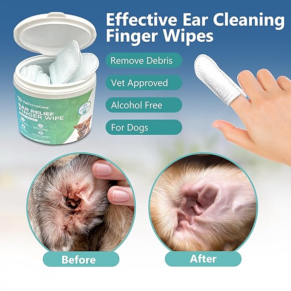 VET PRIME CARE PET FINGER WIPES FOR DOGS EAR RELIEF, ALOE VERA & EUCALYPTUS INFUSION, PET GROOMING WIPES, REMOVE DEBRIS & EAR WAX, SOOTHE & DEODORIZE, 55-COUNT PACK.