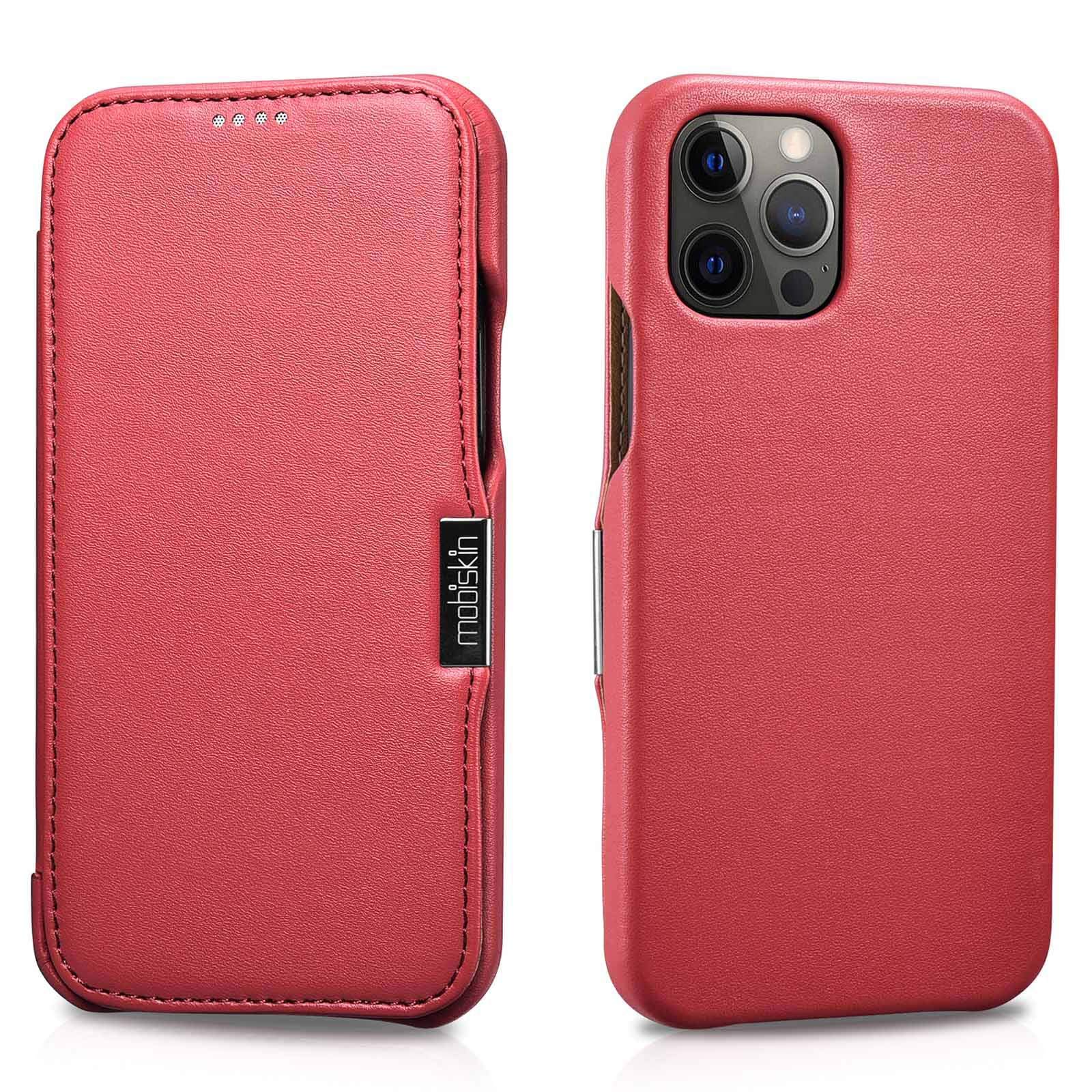 Mobiskin case compatible with Apple iPhone 12 and iPhone 12 PRO (6.1 inch), cover with genuine leather, book-style protective phone case, ultra-slim folio, thin wallet, red