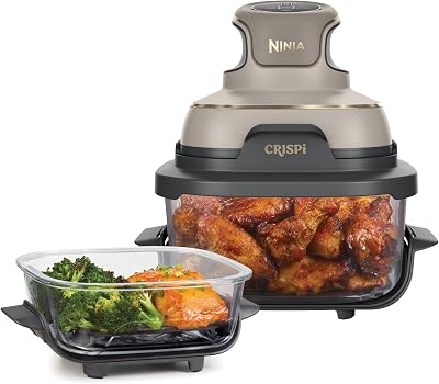 Fritadeira de Ar Portátil CRISPi, 3,8 l, 4 em 1, fritura a ar, assa, aquecimento e gratinação, inclui 2 recipientes e tampas de vidro removíveis, pedra dourada, FN101EUSTGD