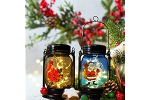 YJFWAL 2 Pack Christmas Cardinal Solar Lanterns Outdoor,Mason Jar Lights with Red Bird & Santa Claus Decor, Decorative Lanterns Waterproof Table Light for Patio Yard Tree(Warm White)