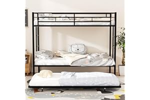 Shintenchi Twin Over Twins Size Bunk Bed with Trundle, Heavy-Duty Metal Frame, 2 Ladders & Full-Length Guardrail, Space-Saving Sleep Solution for Kids/Teens/Adults, Black