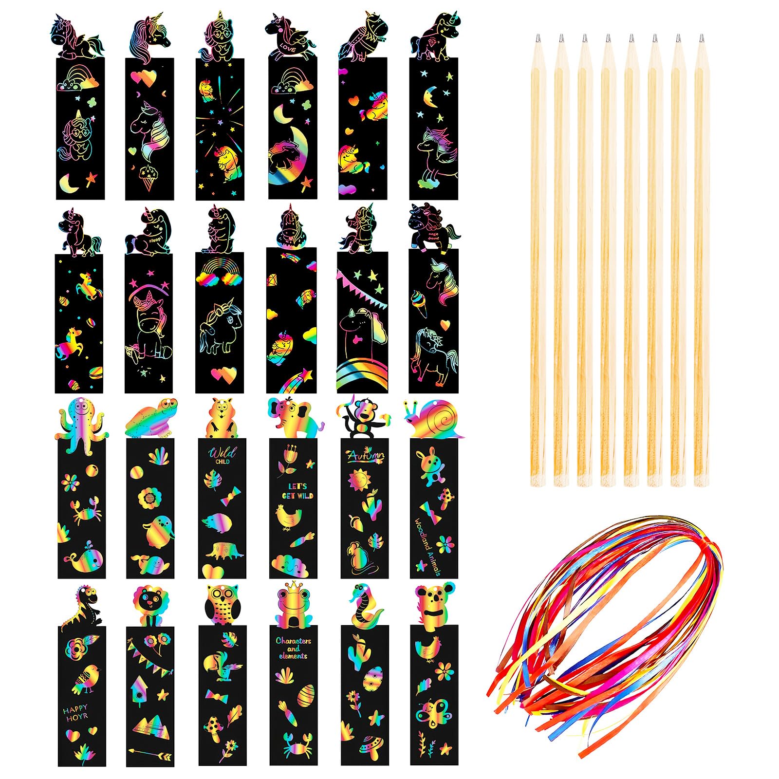 ZXCHOME Scratch Art for Children, 24 Pieces with Animal Scratches, Rainbow Scratch Bookmark with 24 Coloured Ropes and 6 Wooden Pen Set Artistic Bookmarks for Kids Party Supplies