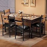 Garvee Dining Table Set for 4, Kitchen Table Set for 4, Rustic Brown | Wood Kitchen Table Chairs Set with 4 Upholstered Chairs &amp;Corner Protector for Small Space, Dinner, Apartment
