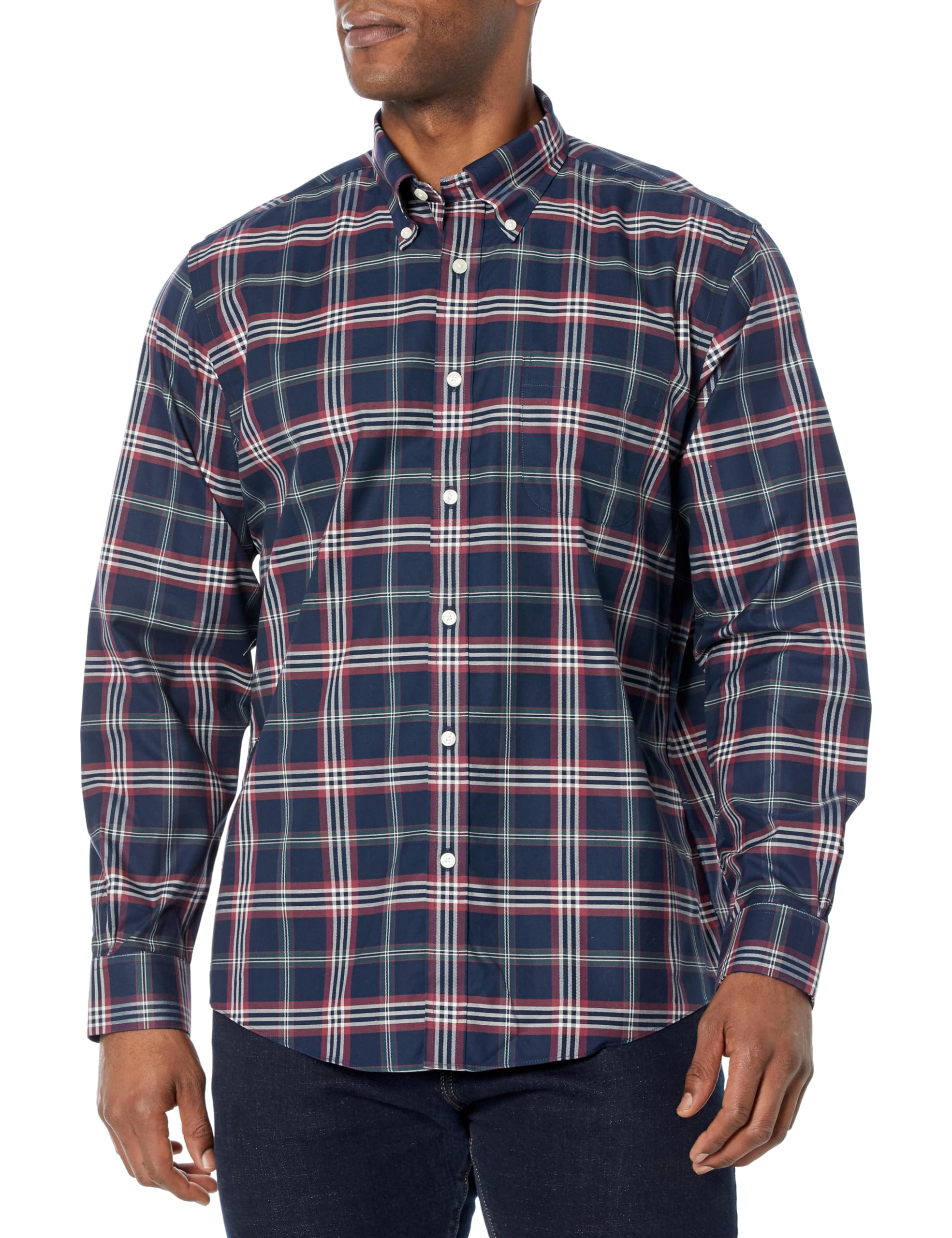 Brooks Brothers Men's Non-Iron Long Sleeve Stretch Twill Sport Shirt, Tartan, Navy Tartan, Medium Image