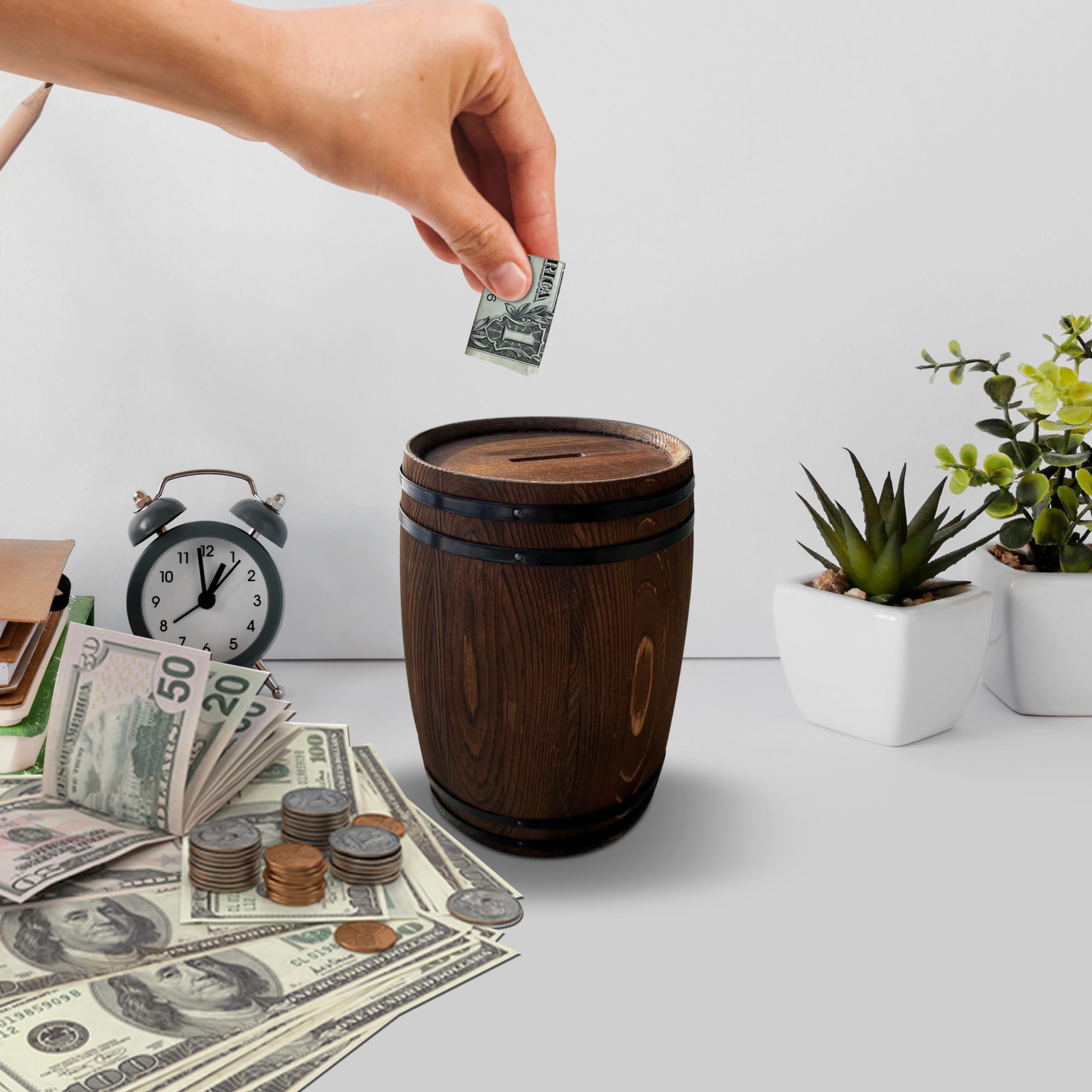 Piggy Bank for Adults, Large Adult Piggy Banks, Rustic Wine Barrel in a Rich Dark Stain, Holds 1.5L of Savings, Lock and Key Feature