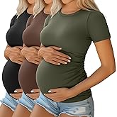 Ficerd 3 Pack Women's Maternity Shirts Cotton Short Sleeve Pregnancy Tops Side Ruched Ribbed Casual Mama tees Clothes