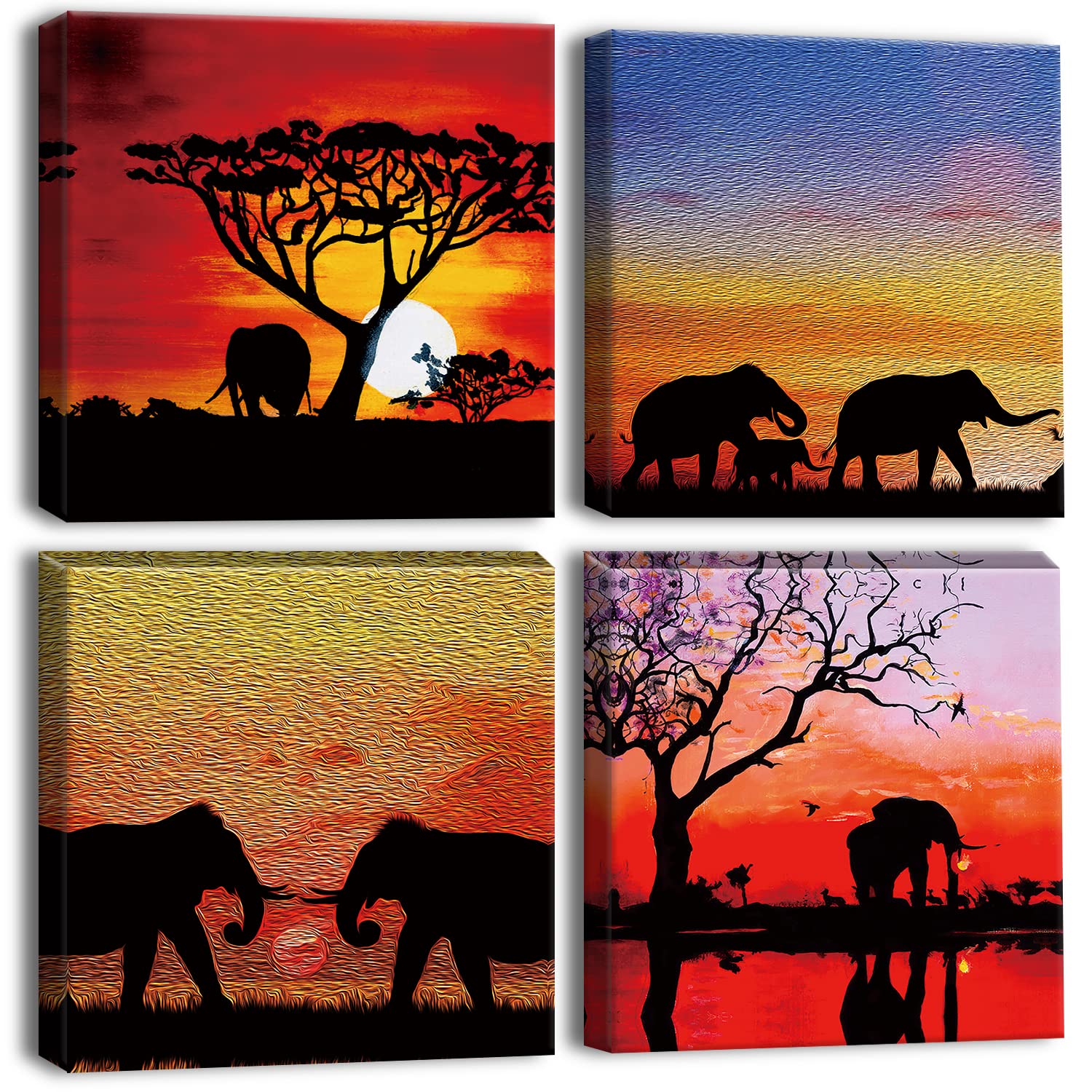 Artscope 4 Pieces Wall Art Canvas Prints - Sunset with African Elephants Picture Painting - Modern Wall Artwork Framed for Gifts Bathroom Home Kitchen Office Decor - 30 x 30 CM
