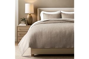 EVERGRACEHOME Cotton Sateen Quilt Set King Size, Pre-Washed Cotton Channel Stitch Coverlet Bedspread, 3 Pieces Lightweight Soft Bedding Sets for All Season, with 2 Pillow Shams, Stone Taupe
