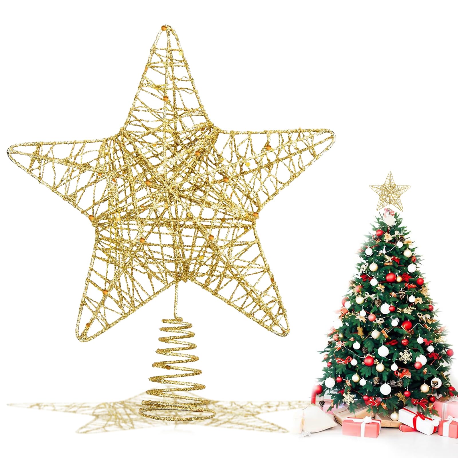 VEYLIN Christmas Tree Topper, 10 Inch Metal Glitter Star Treetop for Home Decoration