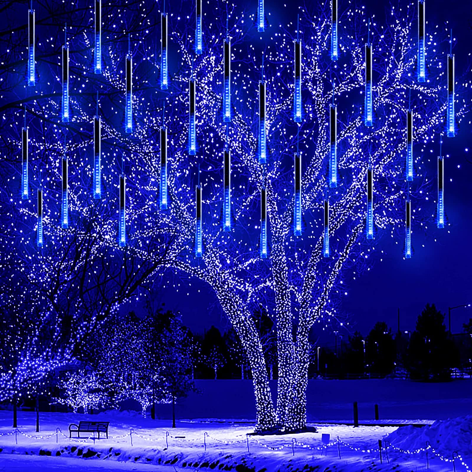 Kwaiffeo Christmas Lights Outdoor Decorations, 10 Tube 240LED Meteor Shower Lights,Waterproof & Expandable Snowfall Icicle Cascading String Lights for Xmas Festival Party Holiday Wedding Decor，Blue