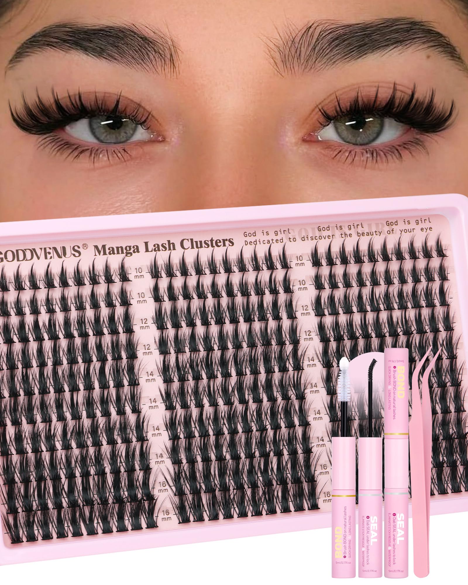 Photo 1 of Goddvenus Manga Lash Clusters Kit Natural 300 Pcs Cluster Eyelash Extensions Kit Wispy Fairy Fluffy Eyelash Clusters Anime Cosplay Individual Lash Extensions Kit CC Curve 10-16mm