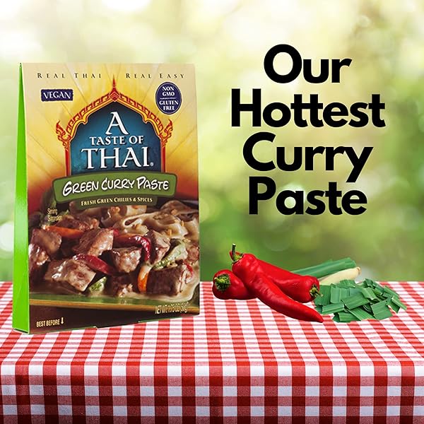 A TASTE OF THAI GREEN CURRY PASTE – AUTHENTIC & NATURAL READY-TO-USE THAI CURRY PASTE – VEGAN, GLUTEN‑FREE & NON‑GMO – SPICY, FRESH FLAVOR FOR CURRIES, STIR‑FRIES, SOUPS & DIPS – 1.75 OZ (PACK OF 6)