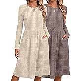 Riyiper 2 Pack Women's Long Sleeve Sweater Dress Ribbed Pleated Casual Round Neck Knee Length Dress with Pocket