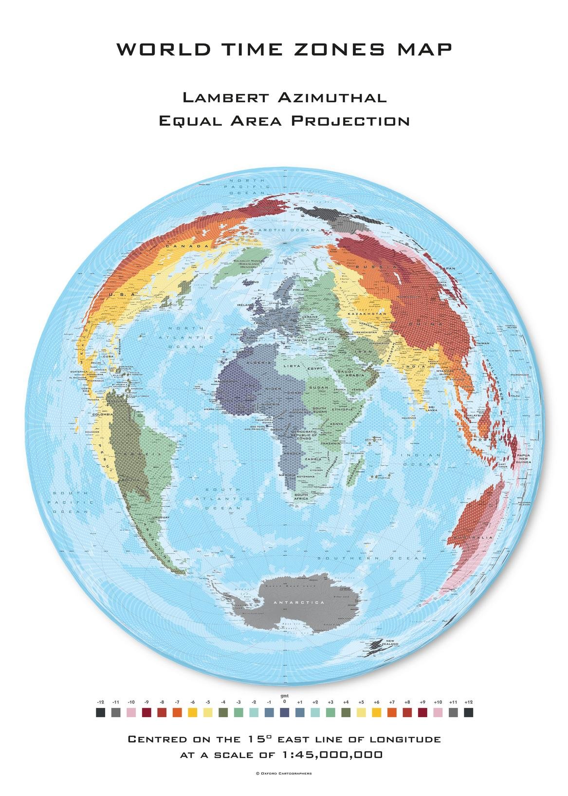 Lambert Equal Area Projection Amazon - World Time Zones Hexagons - Lambert Azimuthal Equal Area Projection  - Centered On 15 East: Oxford Cartographers: 9780946405473: Books